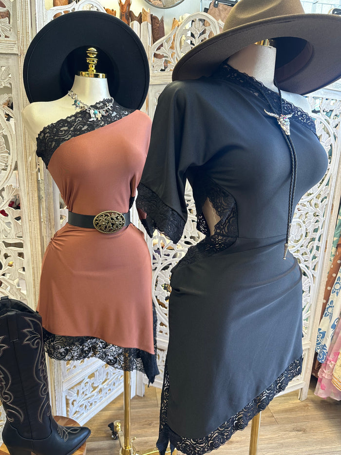 Asymmetrical Lace Slip One Sleeve Dress- Estira, Stretchy
