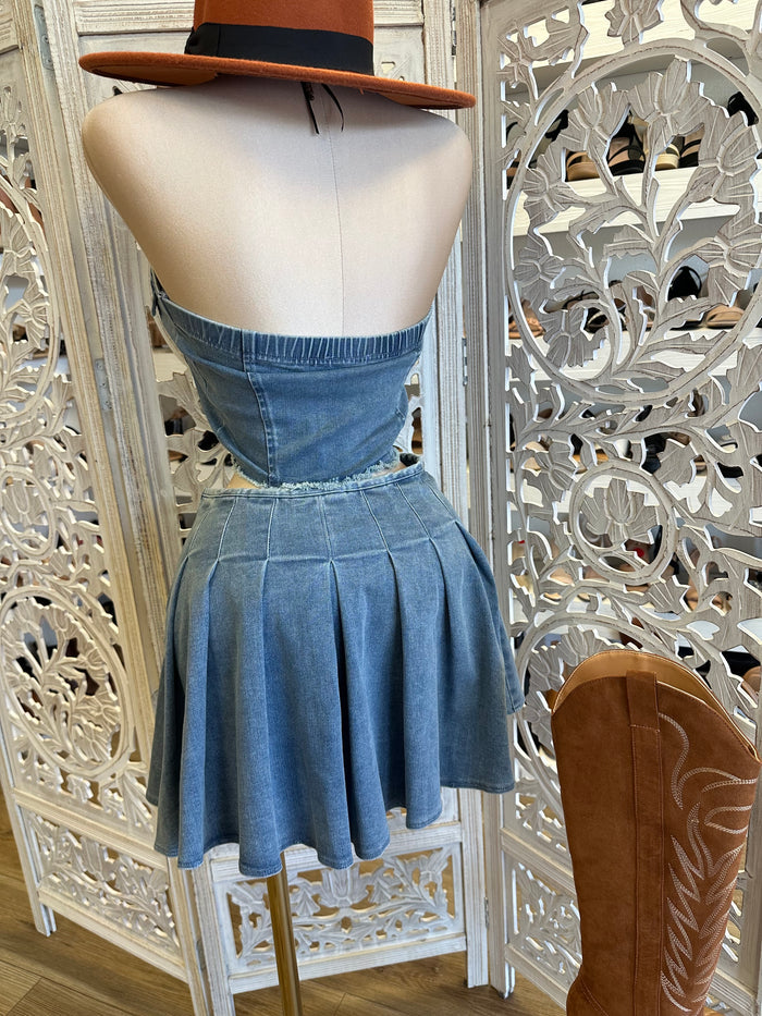 Denim Mini Skirt Set- Estira, Stretchy