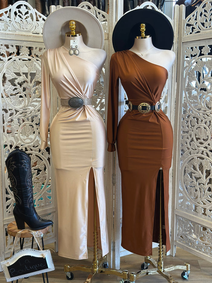 One Sleeve Knotted Midi Dress - Estira, Stretchy