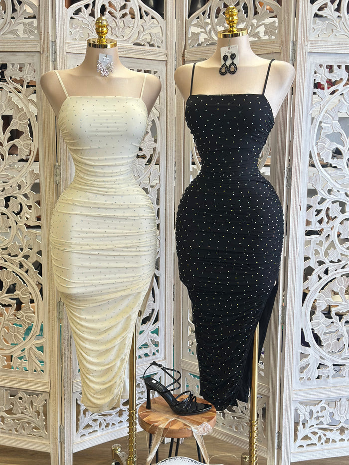 Rhinestone Cami Ruched Dress- Stretchy,Estira