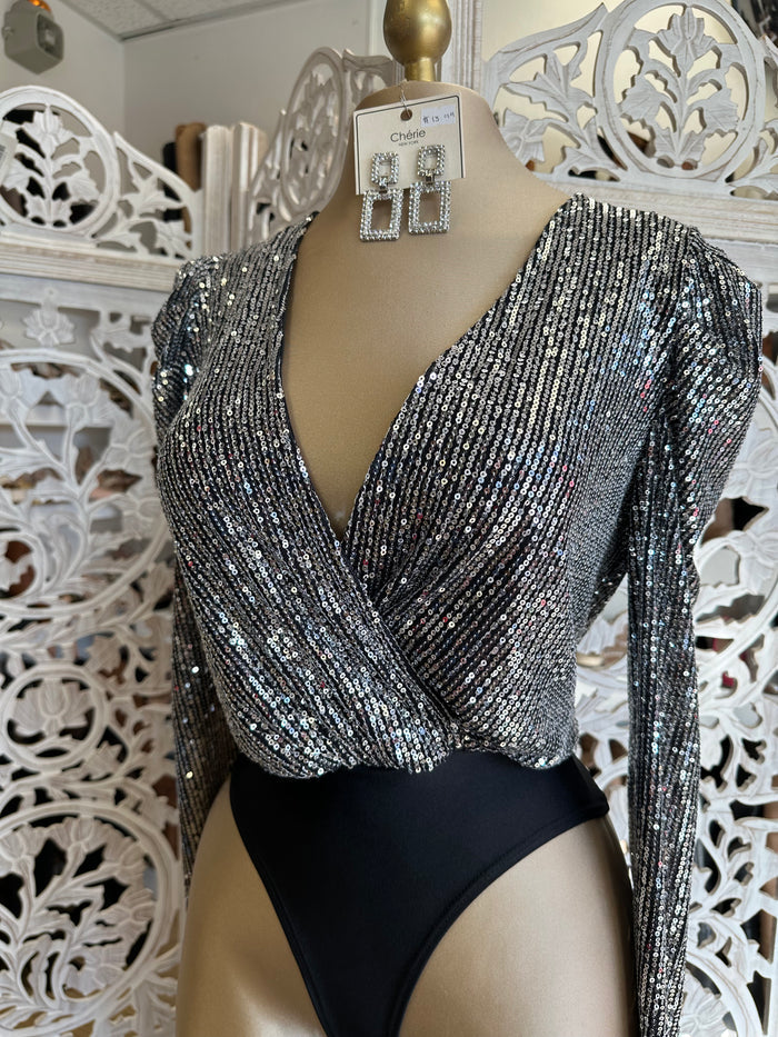 Wrapped Sequin Silver Bodysuit Venta final..