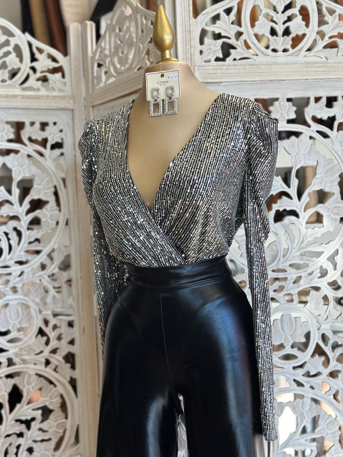 Wrapped Sequin Silver Bodysuit Venta final..
