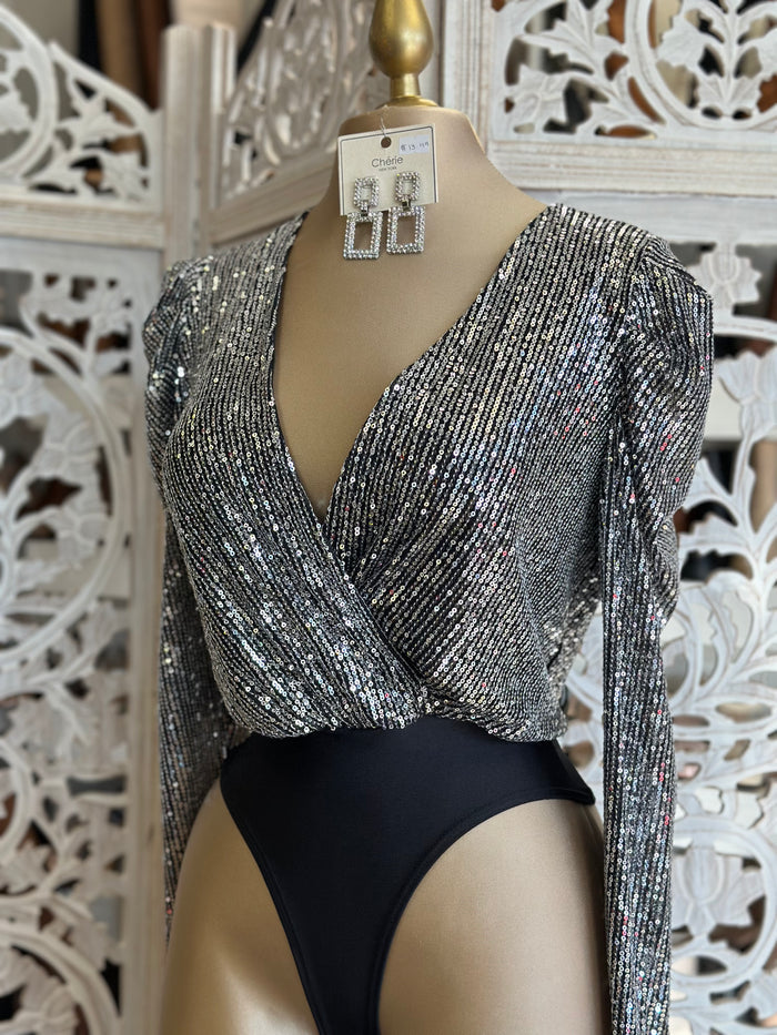 Wrapped Sequin Silver Bodysuit Venta final..
