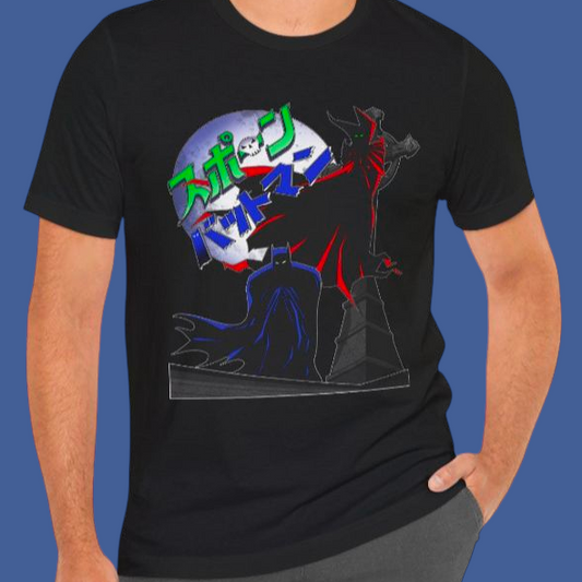 Super Sentai Inspired Batman and Spawn T shirt featuring them posing in front of moon and Japanese logos