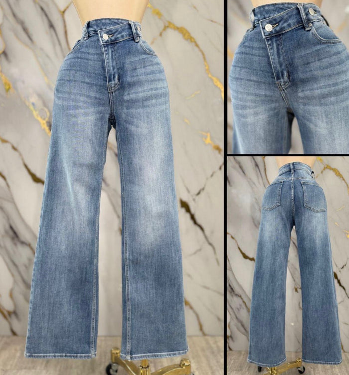 Asymmetrical Denim Wide Leg Jeans - Slightly Stretchy, Estira Poco