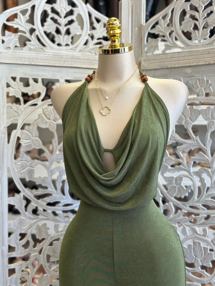 Beaded Olive Green Jumpsuit - Stretchy,Estira