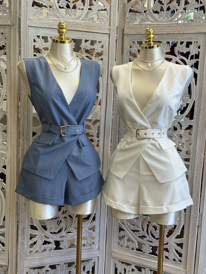 Belted Blazer Vest and Short Set- Slightly Stretchy, Estira Poco