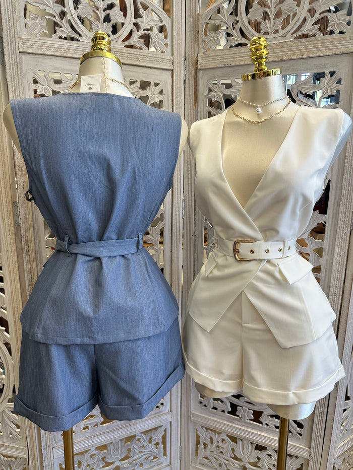 Belted Blazer Vest and Short Set- Slightly Stretchy, Estira Poco