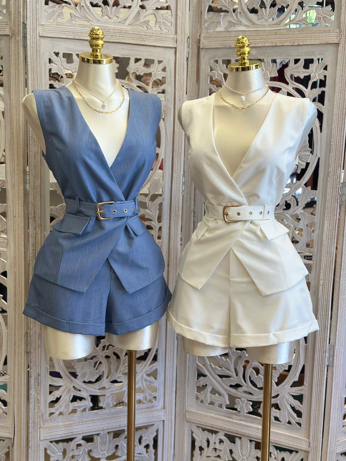 Belted Blazer Vest and Short Set- Slightly Stretchy, Estira Poco