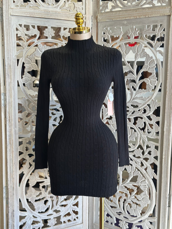 Black Cable Knit Sweater Mini Dress- Stretchy,Estira