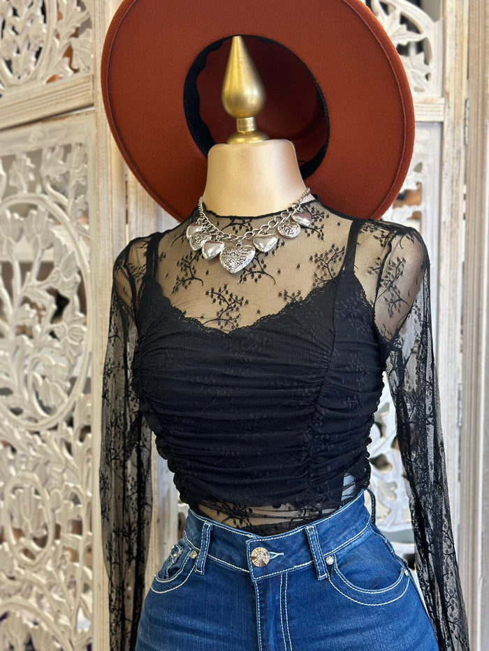 Black Lace Mock Necn Blouse- Stretchy, Estira