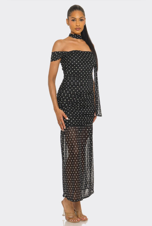 Black Polka Dot Formal Scarf Dress - Estira, Stretchy