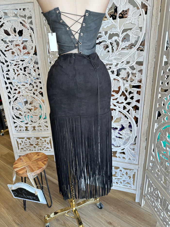 Black Suede Fringe Midi Skirt-Estira, Stretchy