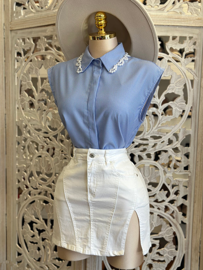 Blue Stripe Pearl Collar Blouse - Stretchy, Estira