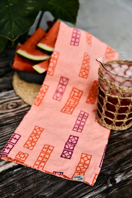 Breeze Block Linen Tea Towel - Coral