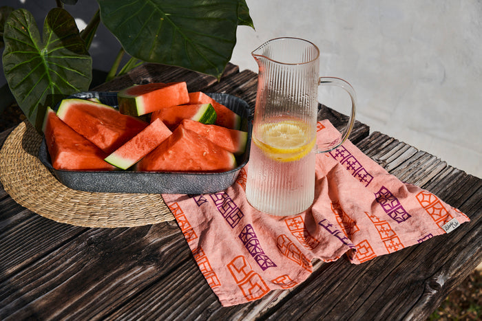 Breeze Block Linen Tea Towel - Coral