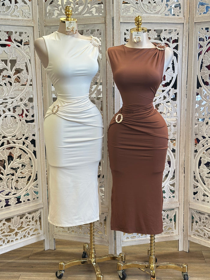 Broche Wrapped Midi Dress - Estira, Stretchy