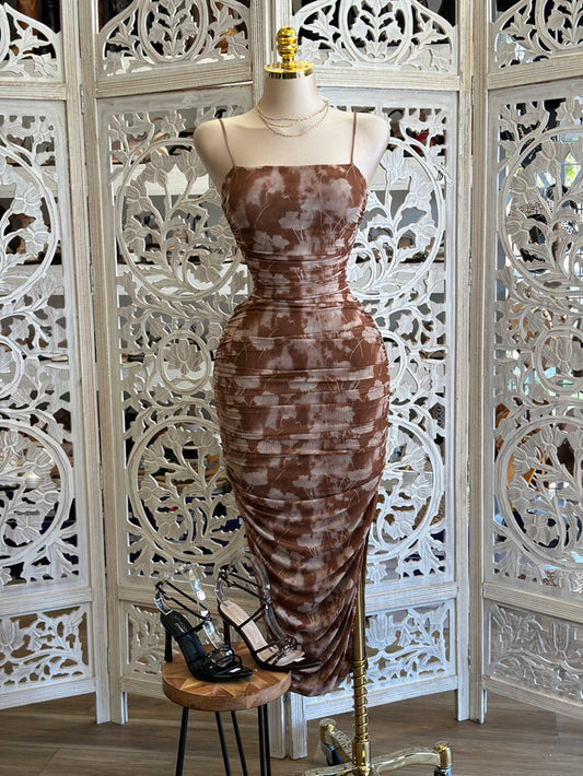 Brown Pattern Cami Mesh Midi Dress - Estira, Stretchy