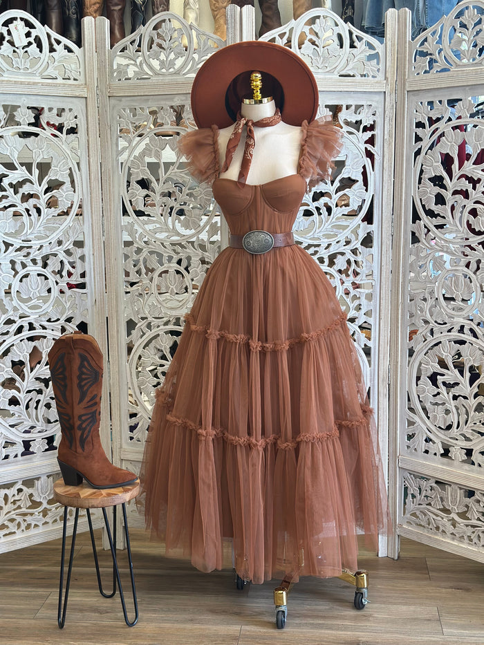 Brown Tulle Puff Maxi Dress - Estira Poco, Slightly Stretchy