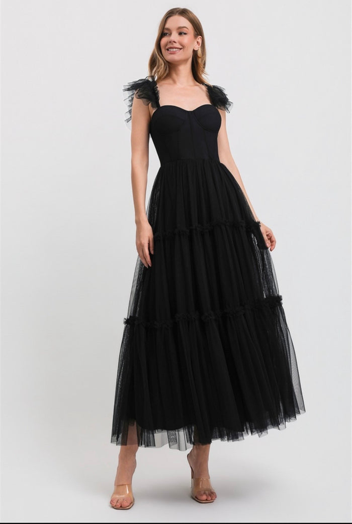 Brown Tulle Puff Maxi Dress - Estira Poco, Slightly Stretchy