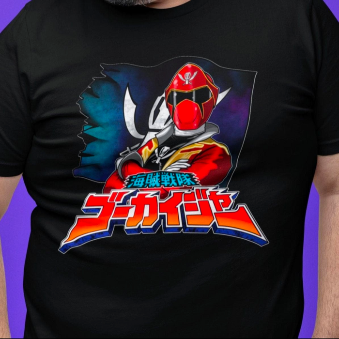 Super Sentai Inspired Gokaiger T shirt featuring red ranger captain marvelous posing in front of the pirate flag