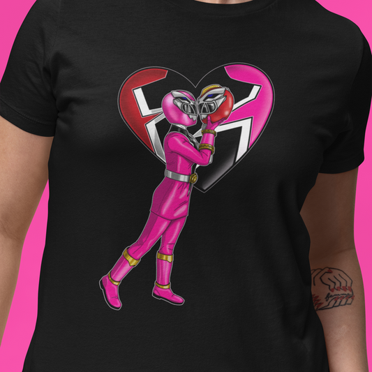 Super Sentai Inspired Dino Fury T shirt featuring pink ranger kissing her red helmet