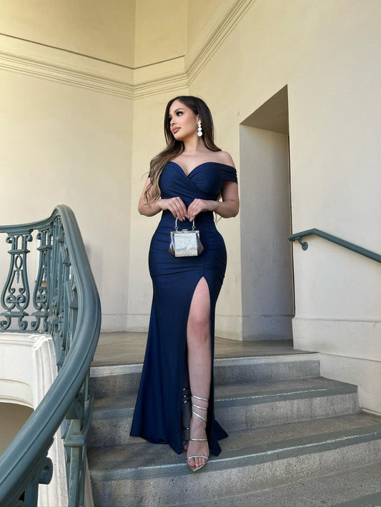Deep Blue Heartline Off Shoulder Gown- Stretchy, Estira