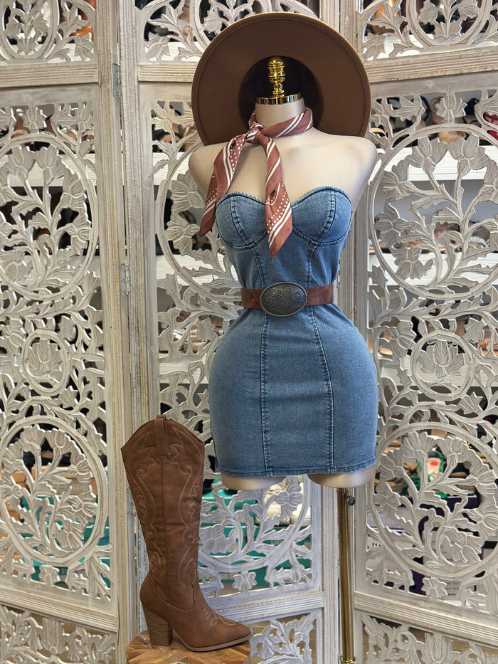Denim Heartline Mini  Dress- Not Stretchy, No Estira