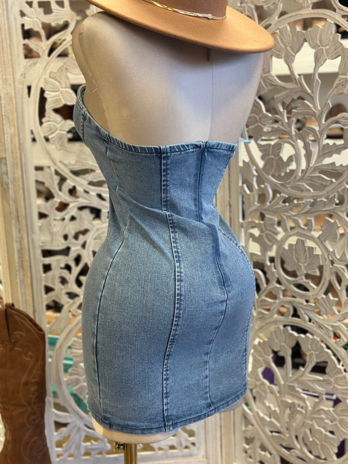 Denim Heartline Mini  Dress- Not Stretchy, No Estira