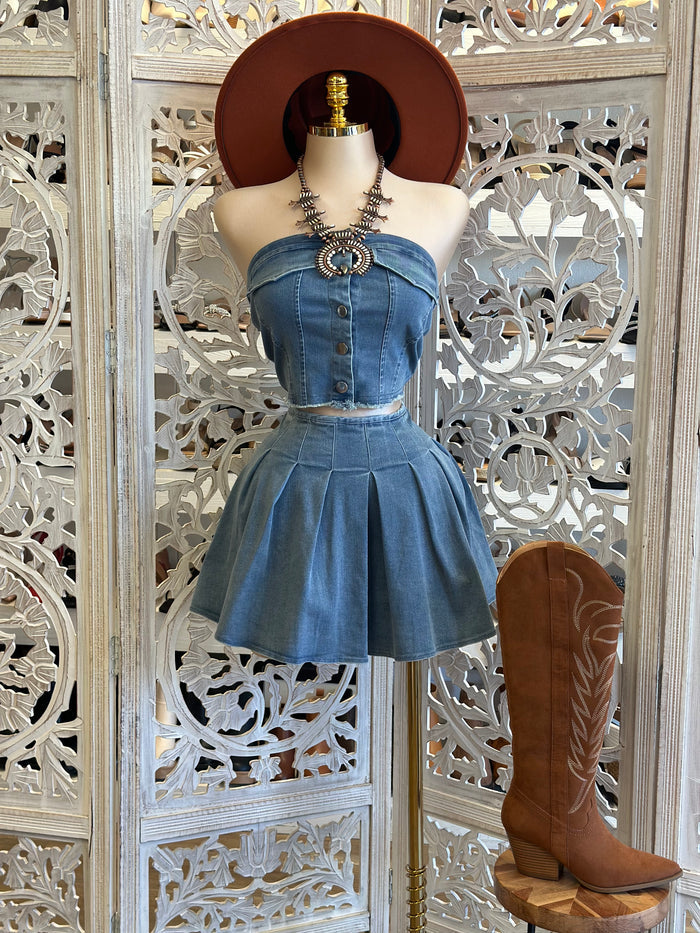 Denim Mini Skirt Set- Estira, Stretchy