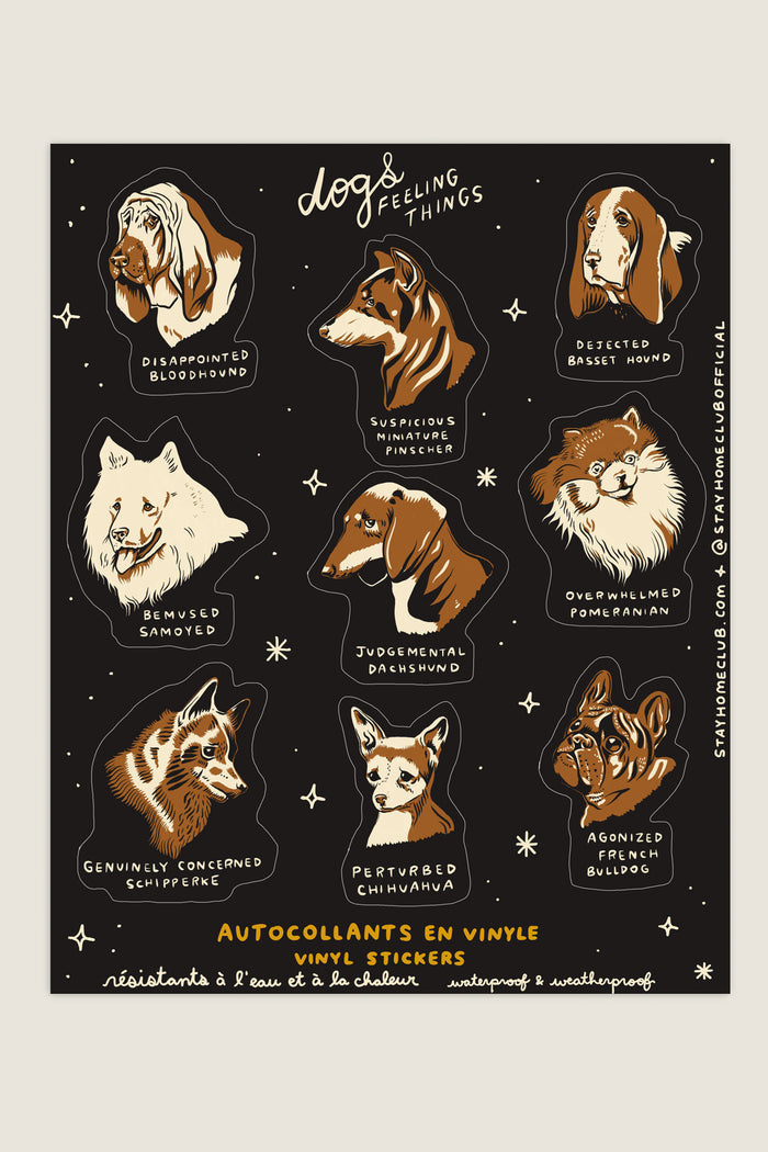 Sticker sheet featuring various dog breeds with funny captions
