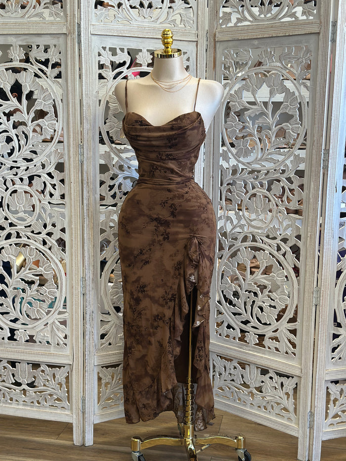 Earth Brown Floral Draped Ruffle Midi Dress-Estira, Stretchy