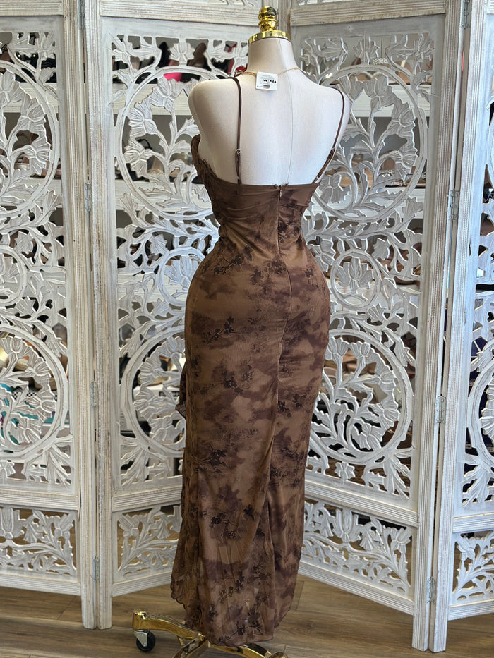 Earth Brown Floral Draped Ruffle Midi Dress-Estira, Stretchy