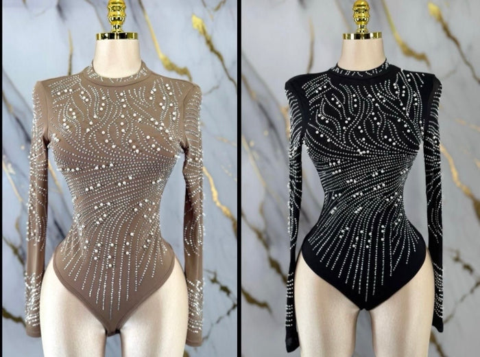Embellished Mesh Bodysuit- Estira, Stretchy