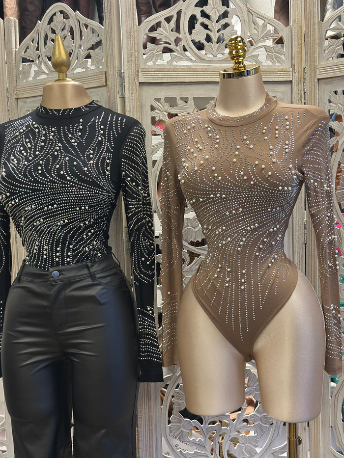 Embellished Mesh Bodysuit- Estira, Stretchy