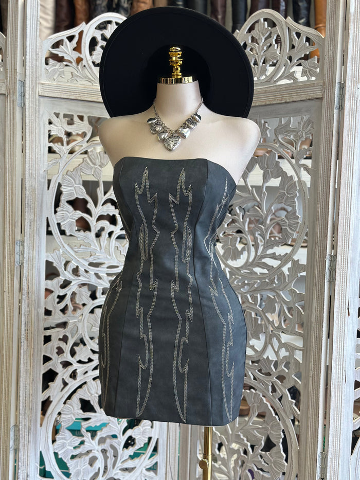 Faux Leather Western Mini Dress- Not Stretchy,No Estira
