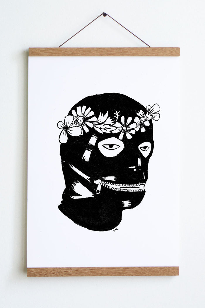 black and white drawing of head with leather  covering with zipper mouth and flower crown