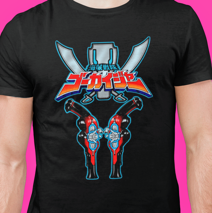 Super Sentai Inspired Gokaiger T shirt featuring 2 pirate blasters under the logo