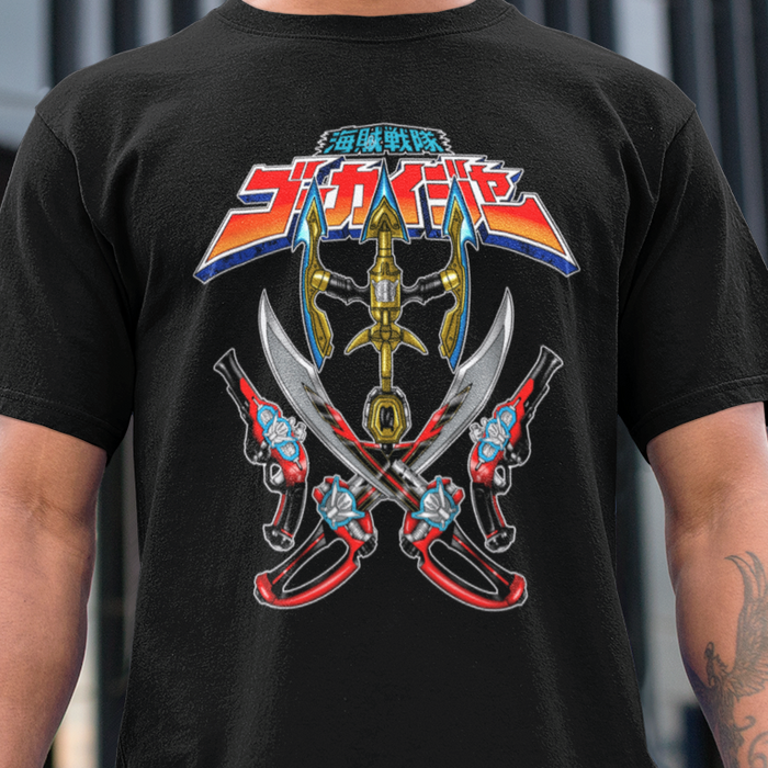 Super Sentai Inspired Gokaiger T shirt featuring swords blasters and trident weapons under logo