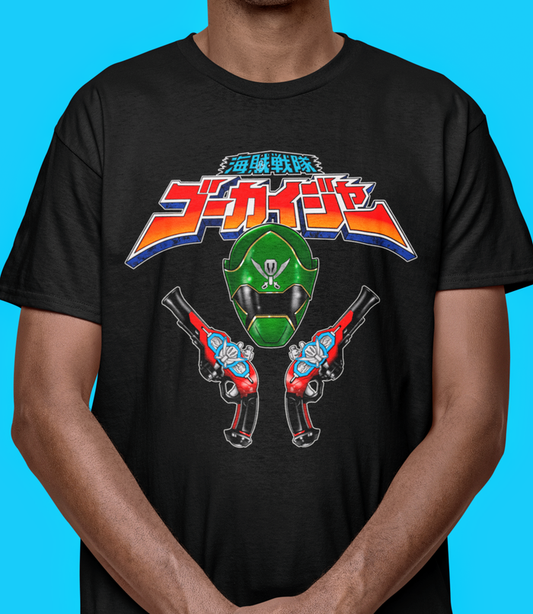 Super Sentai Inspired Gokaiger T shirt featuring Green ranger helmet and 2 blasters under logo