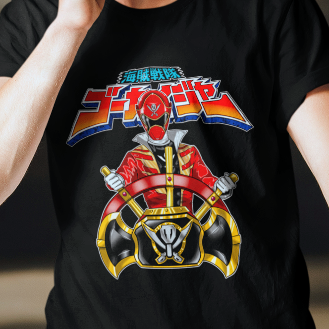 Super Sentai Inspired Gokaiger T shirt featuring Red ranger captain marvelous steering ships wheel