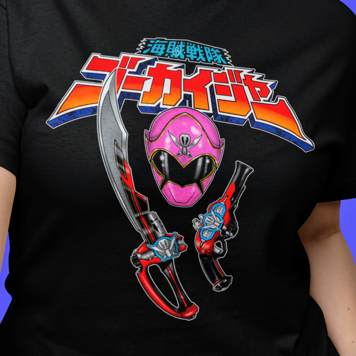 Super Sentai Inspired Goakiger T shirt featuring pink ranger helmet blaster and sword