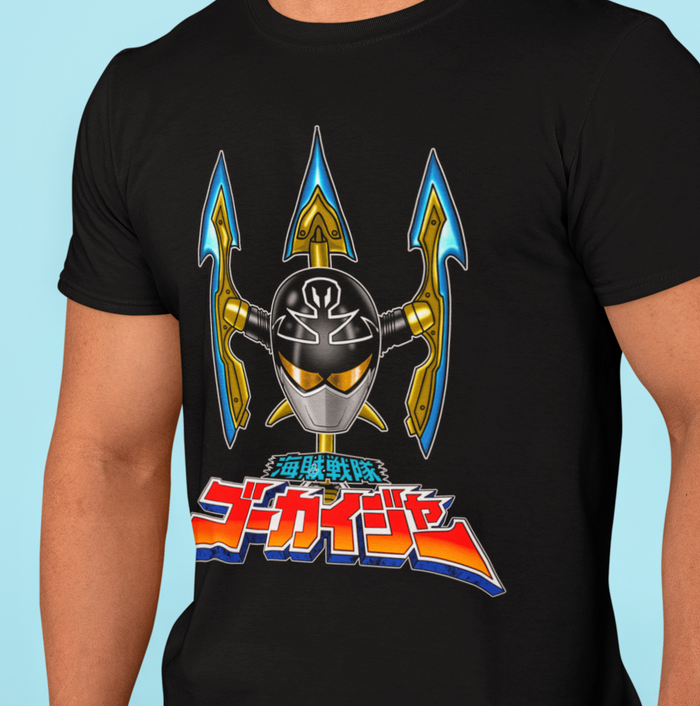 Super Sentai Inspired Gokaiger T shirt featuring silver ranger helmet and trident above logo