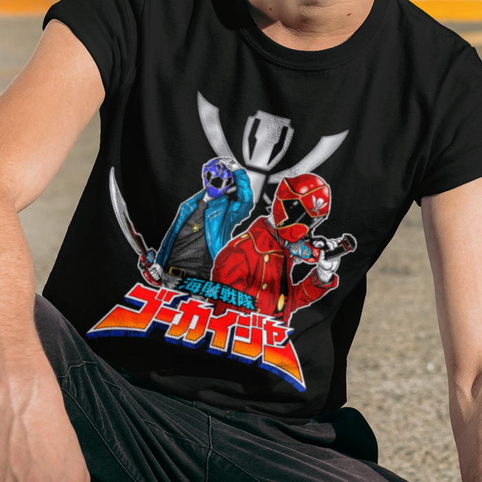 Super Sentai Inspired Gokaiger T shirt featuring Red and blue rangers posing above logo