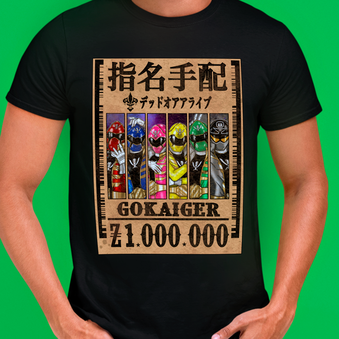 Gokaiger Wanted Poster Tee  Custom Graphic Art Cosplay Shirts Rangers Retro Vintage 90s