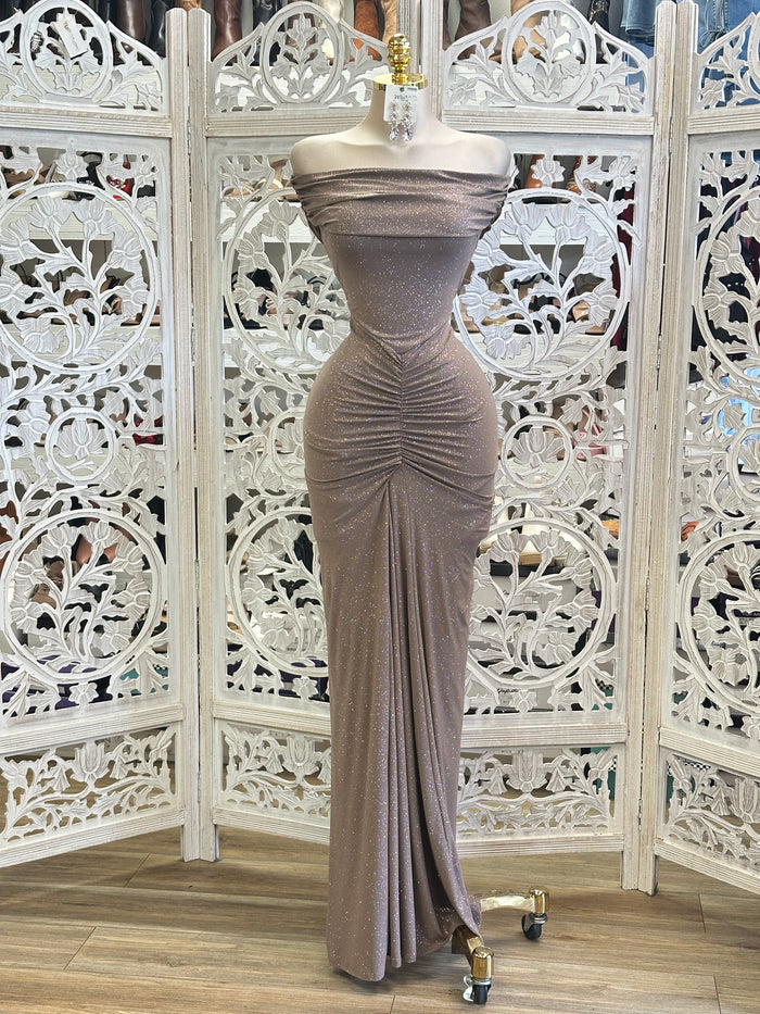 Golden Glow Ruched Evening Dress - Estira, Stretchy