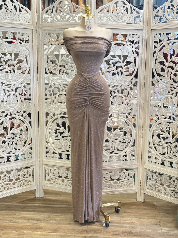 Golden Glow Ruched Evening Dress - Estira, Stretchy