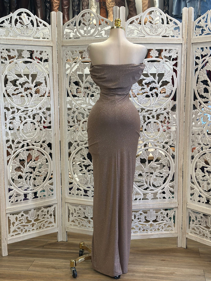 Golden Glow Ruched Evening Dress - Estira, Stretchy