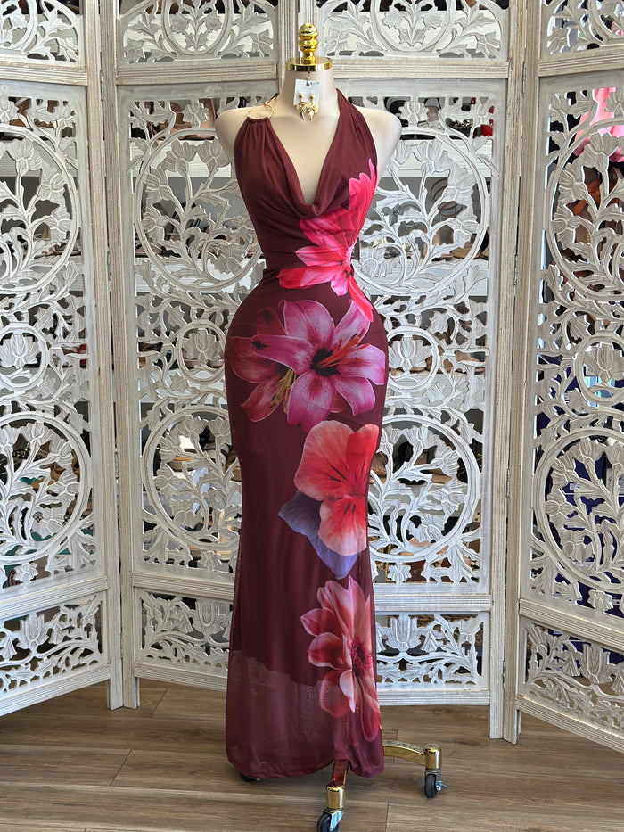 Hawaiian Flower Maxi Dress- Stretchy, Estira