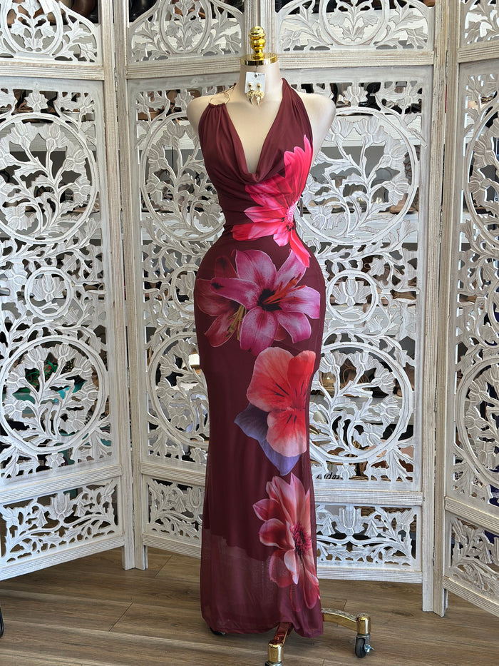 Hawaiian Flower Maxi Dress- Stretchy, Estira
